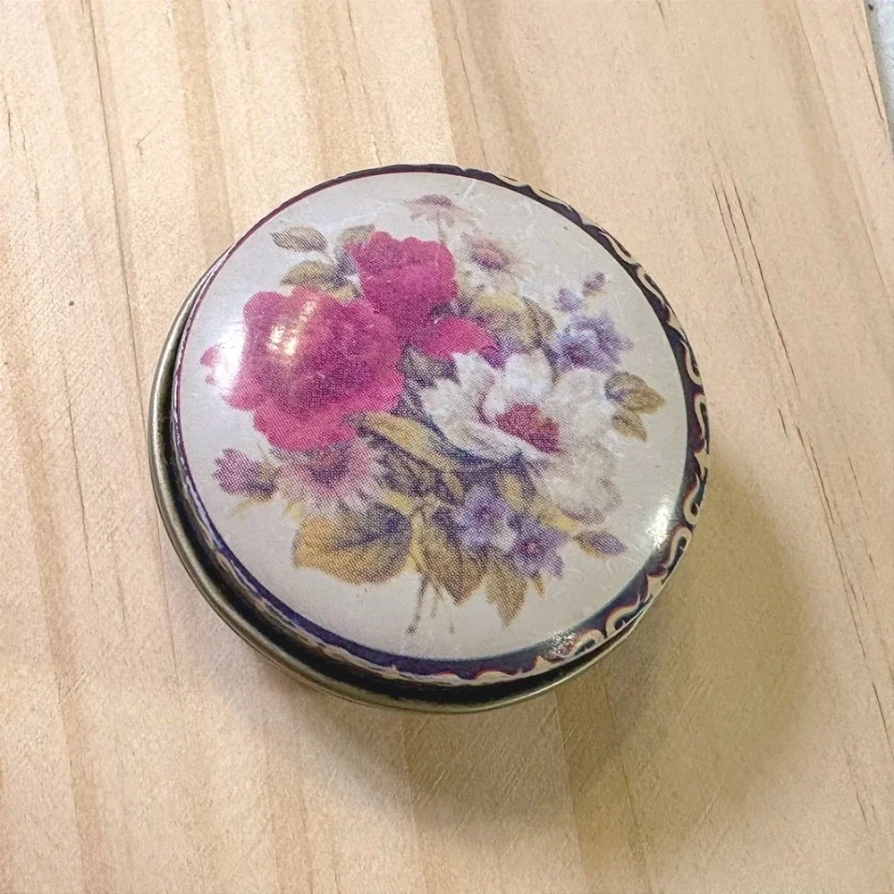 Vintage inspired Floral Motif Trinket Tin Multicolor Round Miniature bouquet